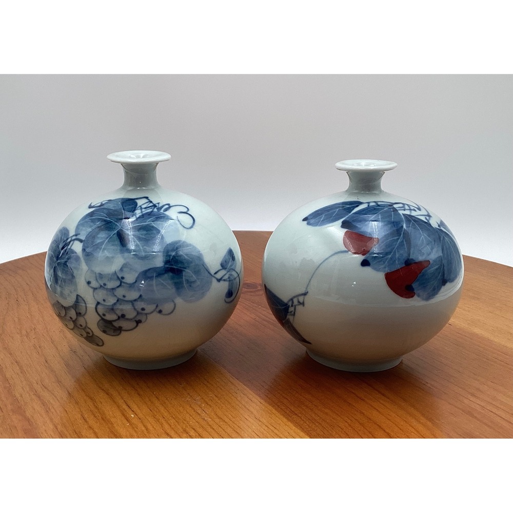 Vintage Japanese Kutani Porcelain Round Bud Vases - Hand-Painted-Marked